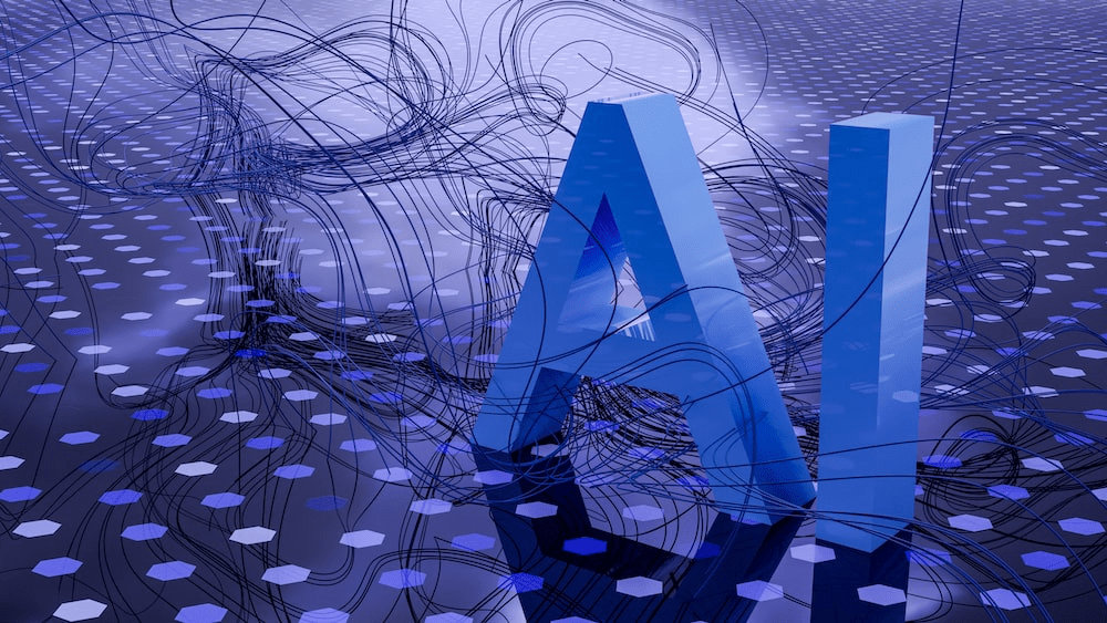 A large blue-colored AI logo in several line loops.